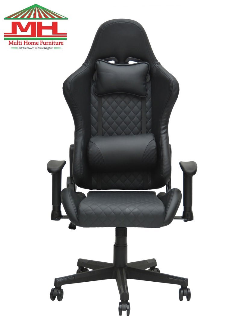 Multi Home Furniture Black Gaming Chair with Foot Rest | Ergonomic Chair & Recliner Chair with Headrest & Lumbar Support | High-Back PU Leather 360° Swivel Chair & Office Chair for Gaming PC & Home