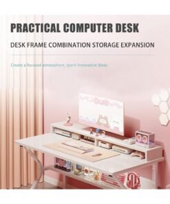 OHAHO Gaming Desk with Shelf, 140CM Computer Desk, C-Shaped Gaming Table, PC Gaming Workstation Home Office Desks, Space-saving, Easy to Assemble (White, 140x60x75CM) - Image 4