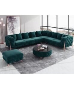 Maharat Al Bahar Maharat Furniture Golden-Legged L-Shaped Chesterfield Sofa Set – Luxury Velvet 6-Seater, Green – Traditional Elegance for Living Room