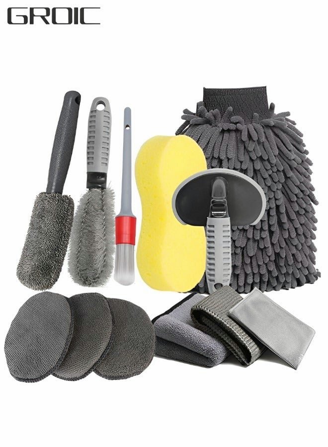 GROIC 12pcs Car Cleaning Tools Kit,Car Wash Kit,Car Wheel Tire Cleaning Brush Set, Car Detailing Kit,Car Drill Detailing Brushes,Car Wash Mitt, Towels
