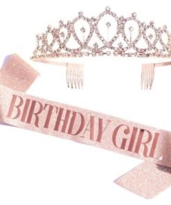 Haidue Pink Birthday Girl Sash and Rhinestone Tiara Kit Birthday Gifts Diamond Glitter Birthday Party Favors