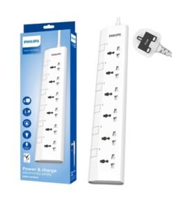 Philips 6-Way Universal Power Extension Cord with Individual Switches,( 3m) Heavy-Duty 3x1mm² Cable, 2500W Overload & 750°C Fire-Resistant Protection, 10A Fuse, ESMA Certified Safety Standard, UK Plug – Ideal for Home & Office – White 6-Way Power Extension 3M- White
