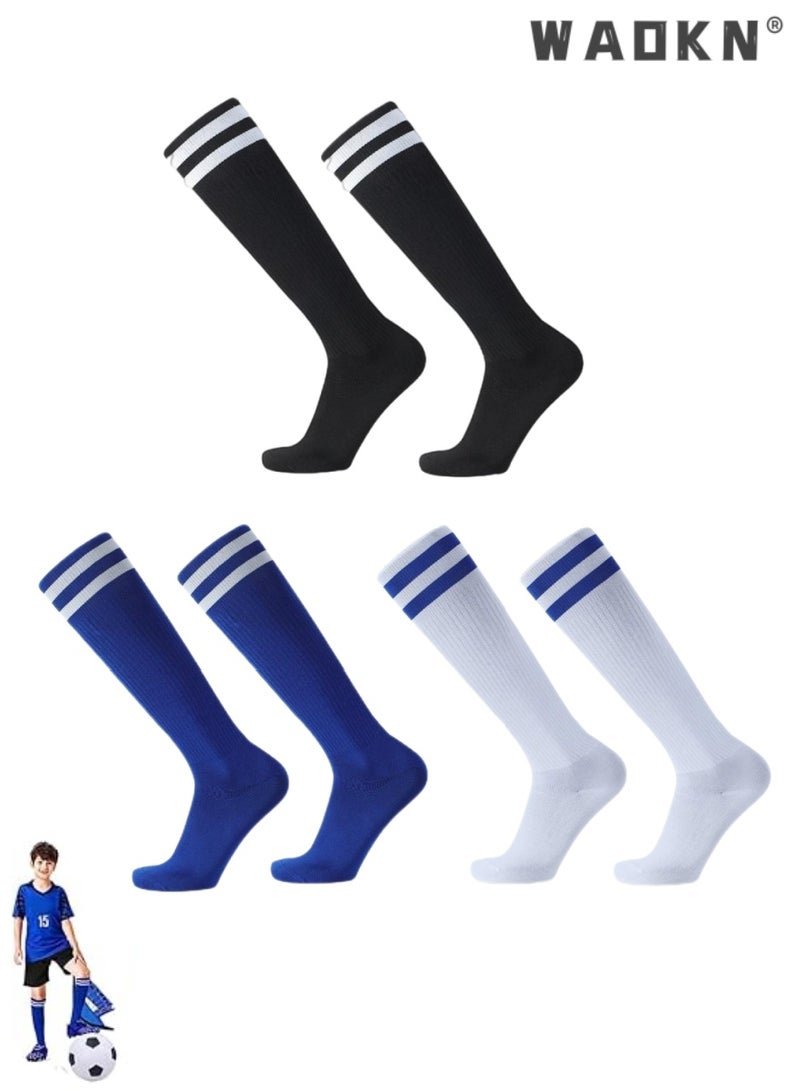 WAOKN Kids Soccer Footballs Socks 3 Pairs, 3 Colors Children Unisex Anti-slip Towel Bottom Sock Long Breathable Soccer Sock for Football, Rugby, Hockey, Running Or Training for Children Aged 5-12