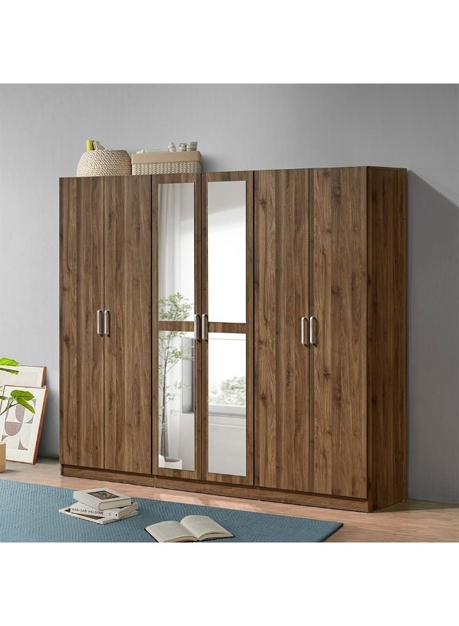 DANUBE HOME Supreme 6-Door Swing Wardrobe with Mirror – Light Walnut Finish– Spacious Bedroom Storage Cabinet with Hanging Rod & Shelves – Modern Wardrobe for Bedroom, Living Room, Hallway – Stylish Wooden Wardrobe for Home Organization