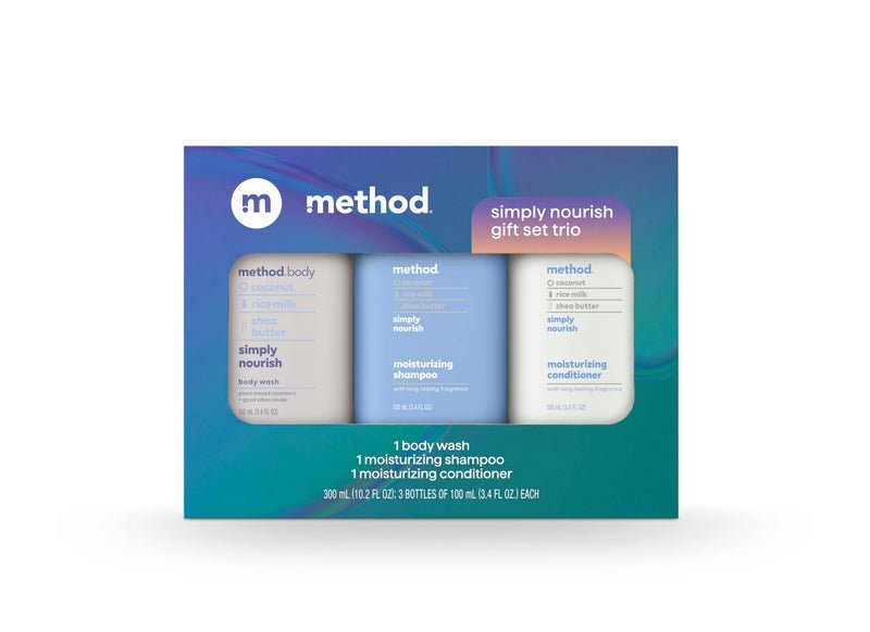 Method Body Wash and Hair Care Gift Set, Simply Nourish, 3.4 oz Travel Size Bottles