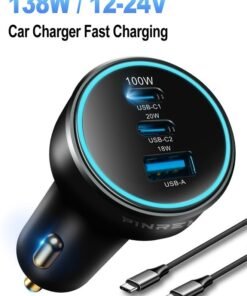 PINREK 138W USB C Car Charger, PD Charger Type C Car Charger Adapter, Fast Charging Phone Charger Adapter for iPhone 15 ,15 Pro Max, Galaxy S24 Ultra, iPad, MacBook, Huawei and more (with 100W USB C Cable)
