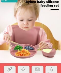 Bybeo 10 Pcs Baby Feeding Set,Silicone Tableware,Infant Feeding Supplies,Led Weaning Set for Newborns,Baby Self Eating Utensils Set,BPA Free,Pink