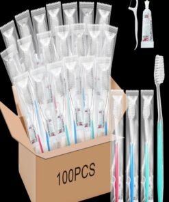 Maxcheck 100 Sets Disposable Toothbrushes Bulk with Toothpaste and Dental Floss Individually Wrapped Travel Toothbrush Set Homeless Supplies for Hotel Guest