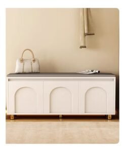 NKX Modern Shoe Cabinet with Cushioned Bench – White Entryway Storage Organizer with 3 Doors for Hallway or Bedroom