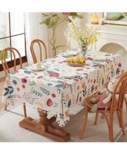 UKR Floral Tablecloth with Tassels Linen Wrinkle-Resistant Table Cover for Kitchen & Dining –  Decorative Rectangular Table for Home & Parties