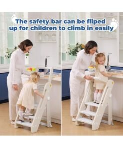WALALLA Foldable Children's Kitchen Step Stool, Adjustable Height Learning Tower, Non-Slip Bedside Standing Tower, Multifunctional Child Ladder for Kitchen Counter Bathroom Sink with Handles, Safty Rail