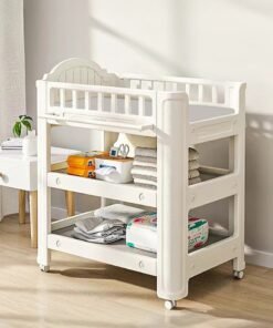 XiuWoo 3-Tier Moveable Baby Changing Table, Infant Diaper Changing Station, Mobile Nursery Organizer, Diaper Dresser, Baby Storage Rack, Baby Bed with Wheels, Clothes and Towel Drying Rack
