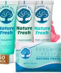 BERGMAN KELLY Hotel Toiletries Bundle (Nature Fresh, 1 oz each, 200 Pieces) 4-Piece Set: 50 Rectangular Bar Soap, 50 Shampoo, 50 Conditioner & 50 Body Lotion - Bulk Mini Guest Amenities