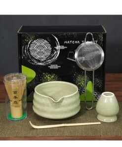 KINGMAZI 5 pcs Matcha Set, Ceramic Matcha Bowl+Whisk Holder+Bamboo Whisk+Scoop+ Tea Strainer, Perfect Handmade Matcha Kit to Prepare Traditional Matcha Tea, 100% Natural Matcha Gift Kit(Green)