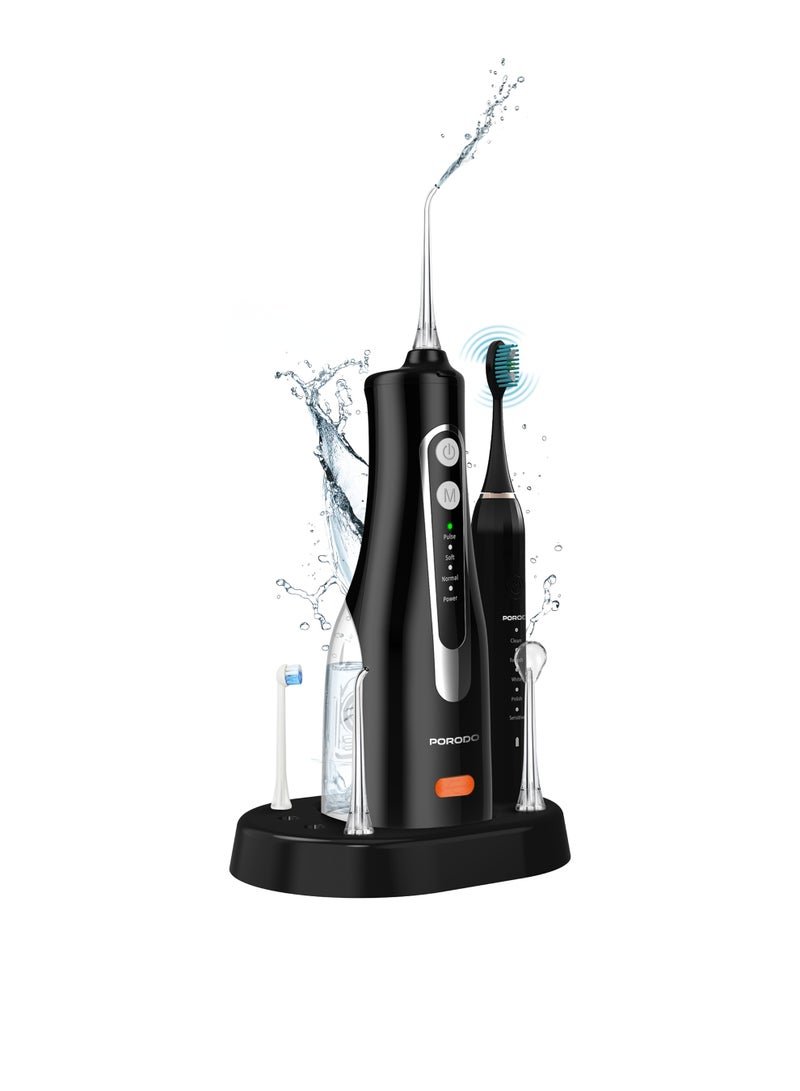 porodo Ultimate Oral Care Duo, Electric Toothbrush & Water Flosser Combo / High Frequency Sonic Vibration / High Pressure Water Flosser / Complete Oral Care / Dual Action oral Care / 2H Toothbrush Rechargeable Working Time - Black