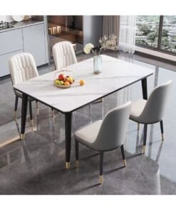 fashionhome Modern Multipurpose Industrial Standard Rectangle Sintered Artificial Stone Rock Plate Tabletop Dining Table and 4 Concave Curve Chair Set for Kitchen Restroom 120 x 60 x 75 and 40 x 42 x 86 Centimeter - Image 3