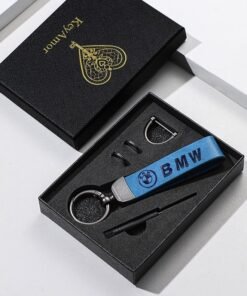 KeyAmor Elegant blue metal and leather keychain with BMW logo featuring 3 key rings perfect as a fancy gift or car accessory designed in sleek blue for a modern look offers 360 degree rotation for convenience suitable for both men and women and comes in a gift box