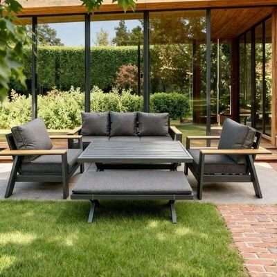 7-Seater Premium Dark Grey Aluminum Outdoor Sofa Set with High Table - Dark Grey Cushions - Image 2