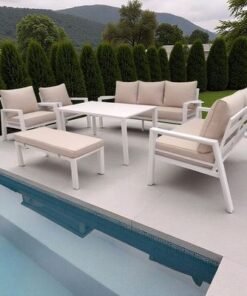 9-Seater Modern Aluminium Outdoor Garden Sofa Set – White Frame with Beige Cushions - Image 3