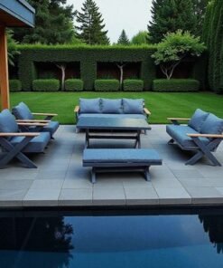 9-Seater Cross Legs Dark Grey Aluminium Garden Sofa with Big Table Wooden Color Arm Rests - Image 3