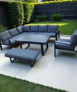 Modern Dark Grey Aluminium Outdoor Corner Sofa Set with Dining Table & Bench