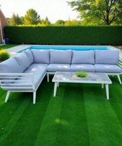 Alternative view of Modern Aluminium Outdoor Corner Sofa Set – White Frame with Grey Cushions