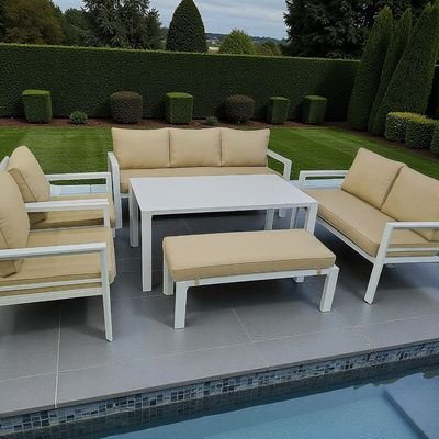9-Seater Modern White Aluminium Outdoor Garden Sofa Set with Beige Cushions - Image 3