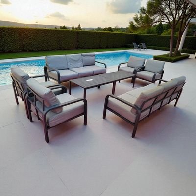10-Seater Aluminium Outdoor Sofa Set with 2 Tables – Charcoal Grey Frame with Thick Grey Cushions - Image 2