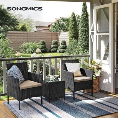 Songmics Modern Outdoor Lt Pf004 Rattan Patio Furniture Set, 2 Chair With Cushions And 1 Glass Table, Ideal For Garden, Balcony, And Office Lounge - Black - Image 3