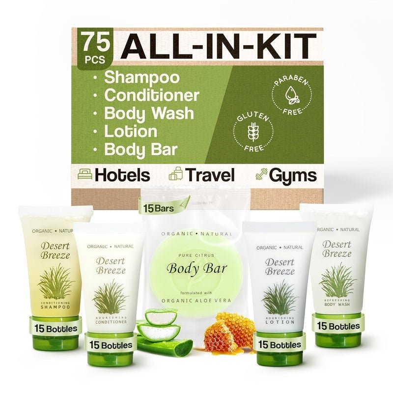 Terra Pure Desert Breeze Hotel Soaps Toiletries Bulk Set 1Shoppe Amenities Kit 1oz Shampoo Conditioner Body Wash Lotion Bar Soap Travel Size 75 Pieces