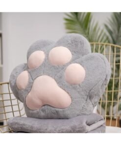 CityRiya-Long Travel Blanket and Pillow, 3 in 1 Cat Paw Blanket Pillow for Car, Plush Blanket + Cat Paw Throw Pillow + Hand Muff, Foldable Zipper Airplane Blankets Set, Soft Sofa Cushion Pillows (Grey)