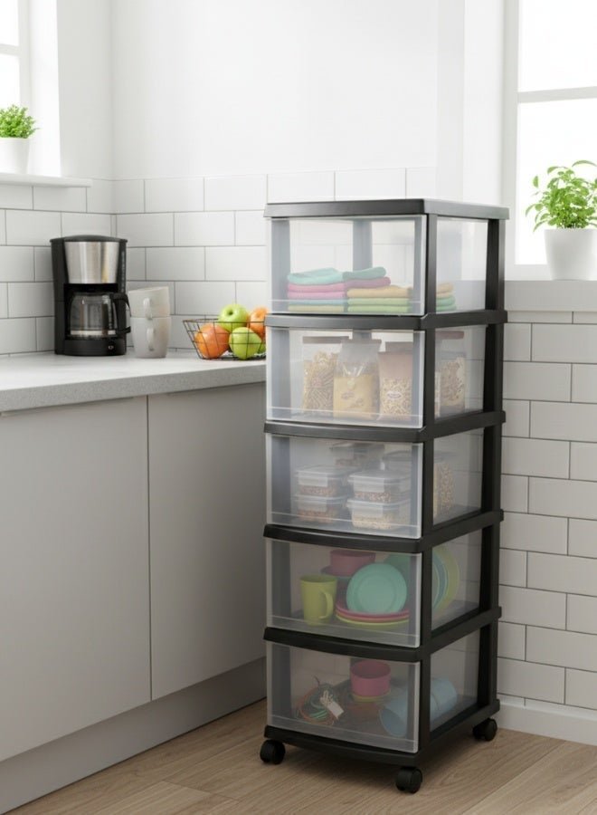 Marcolo 5-Layer Black Plastic Storage Drawers Cabinet with Wheels – Multi-Purpose Organizer with 5 Spacious Pull-Out Drawers – Durable Storage Unit for Clothes, Toys, Office & Home - Image 2