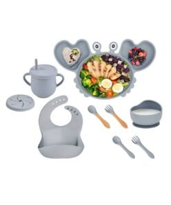 Joyelink 9pcs Silicone Baby Feeding Set, Toddler Self Feeding Dish Set, Crab Divided Plate, Self Feeding Utensils