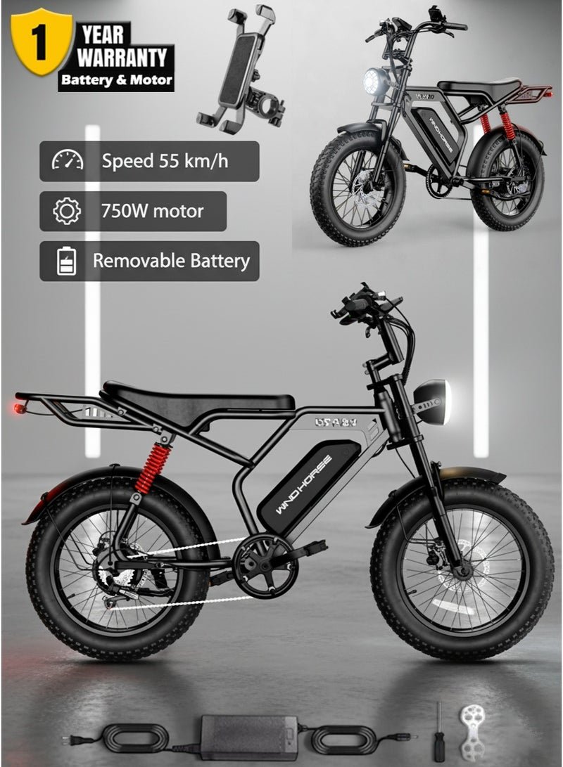 Wind Horse V8 PRO Electric Bike – 750W Gear Hub Motor, 48V 16.6AH Battery, 50KM/H Speed, 45KM Range, 20-Inch Fat Tires, Dual Suspension, Shimano 7-Speed, Carbon Alloy Frame, Dual Disc Brakes