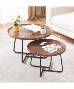 XiuWoo Coffee Table Set of 2, Wood Round End Table Side Tables, Nesting Table Modern Side Table,Medium Density Fiberboard and Metal Frame,Sturdy and Easy Assemblyfor Living Room Bedroom Office Balcony Yard,Walnut 50CM+70CM