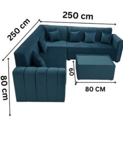 Maharat Al Bahar L-Shaped Velvet Sofa Set, 6-Seater with Cushions & Table, Dark Teal/Blue-Green, 250x80x80 cm