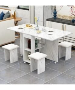 Extendable Folding Dining Table Set , Multifunctional Mobile Kitchen Table, Folding Kitchen Table with 2-Layer Shelf, 6 Wheels, With Four Benches