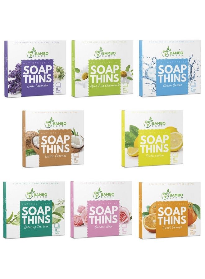 BAMBOEARTH 400 Sheets Antibacterial Paper Soap Strips For Hand Washing - 8 Pack Portable Disinfecting Pocket Travel Soap Thins Dissolvable & Disposable Camping Mini Size Dry SoapSheets For Hands (Variety 8x50)