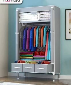 MissTiara Fabric Wardrobe Clothes Storage Closet with Three Drawer Zipper Foldable Non-Woven Cover Hanging Rod Freestanding Canvas Garment Organizer Rack for Bedroom Home