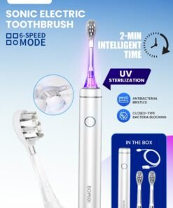 BOMIDI Sonic Electric Toothbrush – 60° Sweeping Deep Clean, 6 Modes, UV Sterilization, IPX7 Waterproof, Smart Timer, Long Battery Life, Type-C Fast Charging | Total 2 Brush Heads in The Box | BOMIDI TX6 (Grey) Box