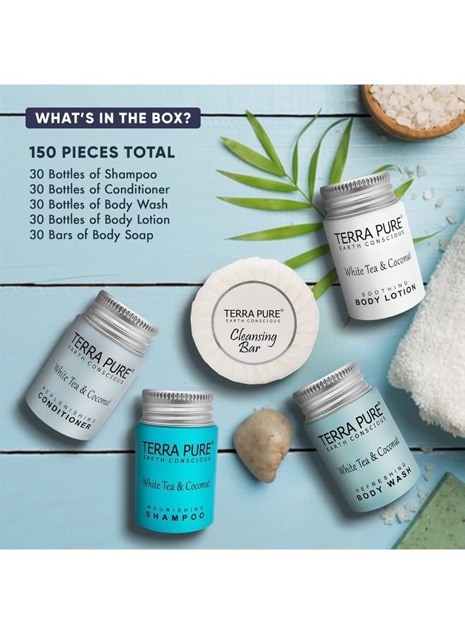 Terra Pure White Tea and Coconut Hotel Soaps and Toiletries Bulk Set | 1-Shoppe All-In-Kit for Hotels | 1oz Shampoo & Conditioner, Body Wash, Lotion & 1.25oz Bar Soap | Travel Size Toiletries 75 Piece