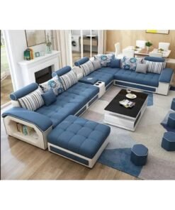 Al Zakharef Furniture Mississippi Set (Muted Blue) – Velvet Fabric Sectional Couch with Solid Wood Frame, Storage Armrest & Soft Cushions – Modern Living Room Furniture