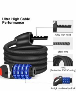 Barakah Bike Lock with LED Night Light 4-Digit Resettable Number Combination Cable Lock High Security Chain Lock for Bicycle Outdoors and Other Items That Need to Be Secured, 120cm/12mm (Black) - Image 3