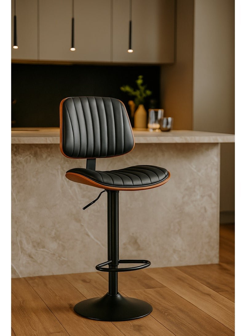 AFT Modern Adjustable Bar Stool with Backrest – PU Leather Padded Seat, Swivel Counter Chair with Footrest, Black & Walnut Finish