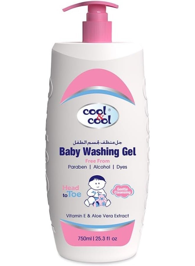 Cool & Cool Vitamin-E And Aloe Vera Extract With Extra Mild Formula Baby Washing Gel- 750ML - Head to Toe Baby Bath, Dye Free, Tear Free, Alcohol Free, Paraben-Free
