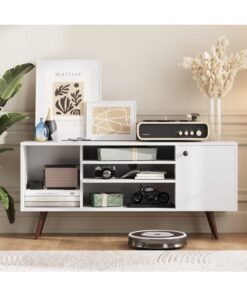 WERSMT Mid-Century Modern TV Stand for TVs up to 60 Inch, 135x36x67cm Entertainment Center with Storage Cabinets & Open Shelves, Small TV Unit Console Table for Living Room, White