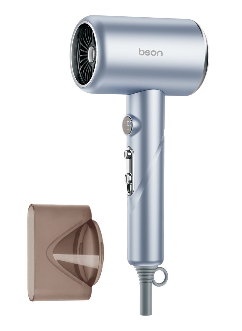 BSON Blowster 1800W Hair Dryer with LCD Display & Cool Shot - Quiet Styling Tool with 3 Heat Levels, Overheat Protection, Nozzle Attachment & Thick 1.8M Cord for Home, Salon & Travel (Light Blue)