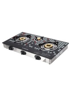 Olsenmark Gas Cooker – OMK2224 | 3-Burner Tempered Glass Gas Stove with Auto Ignition | Heavy-Duty Cast Iron Burners, Stainless Steel Frame, and Easy Knobs | Low Gas Consumption & High Efficiency OMK2224 Black/Silver