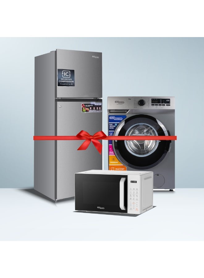 SUPER GENERAL 334 liters Net Double Door Refrigerator SGR415IE + 8KG front load washing machine SGW8250NLEDS + 20 liters digital Microwave SGMM922DW SGR415IE + SGW8250NLEDS + SGMM922DW INOX