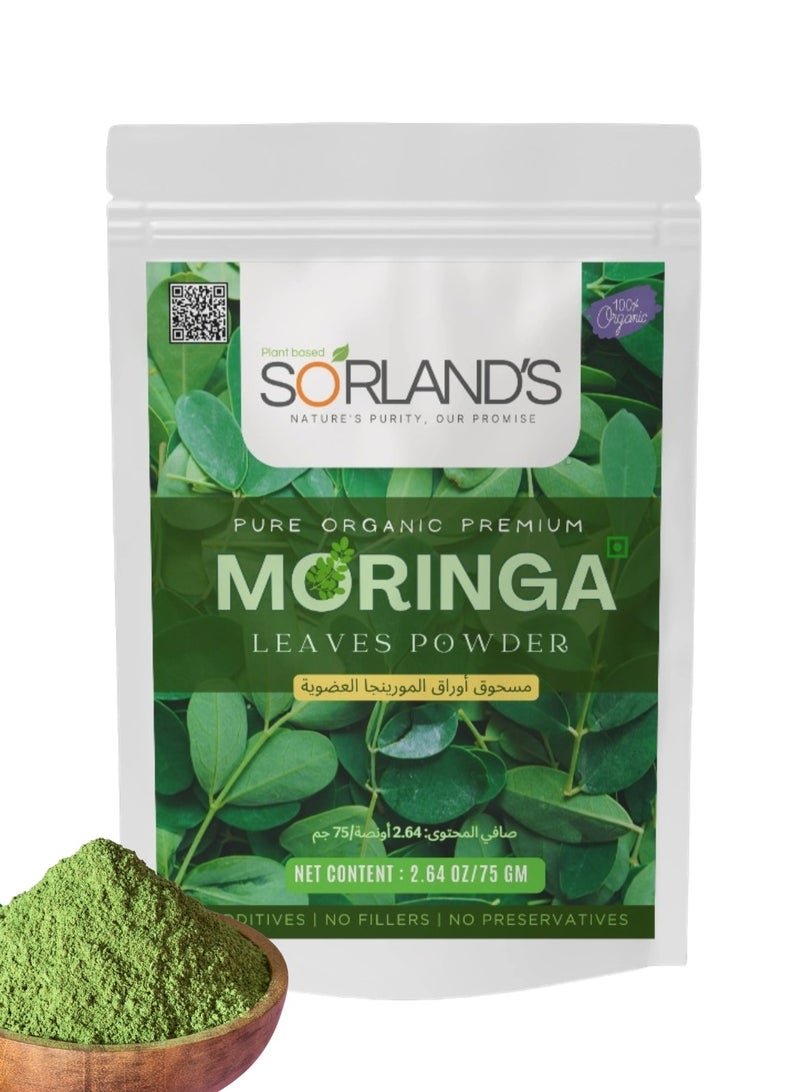 Sorland's Premium Organic Moringa Leaves Powder - 75 Gm Complete Natural Superfood | Certified Organic | Premium Quality with Shed Drying Solar Technology (Sand & Dust free)